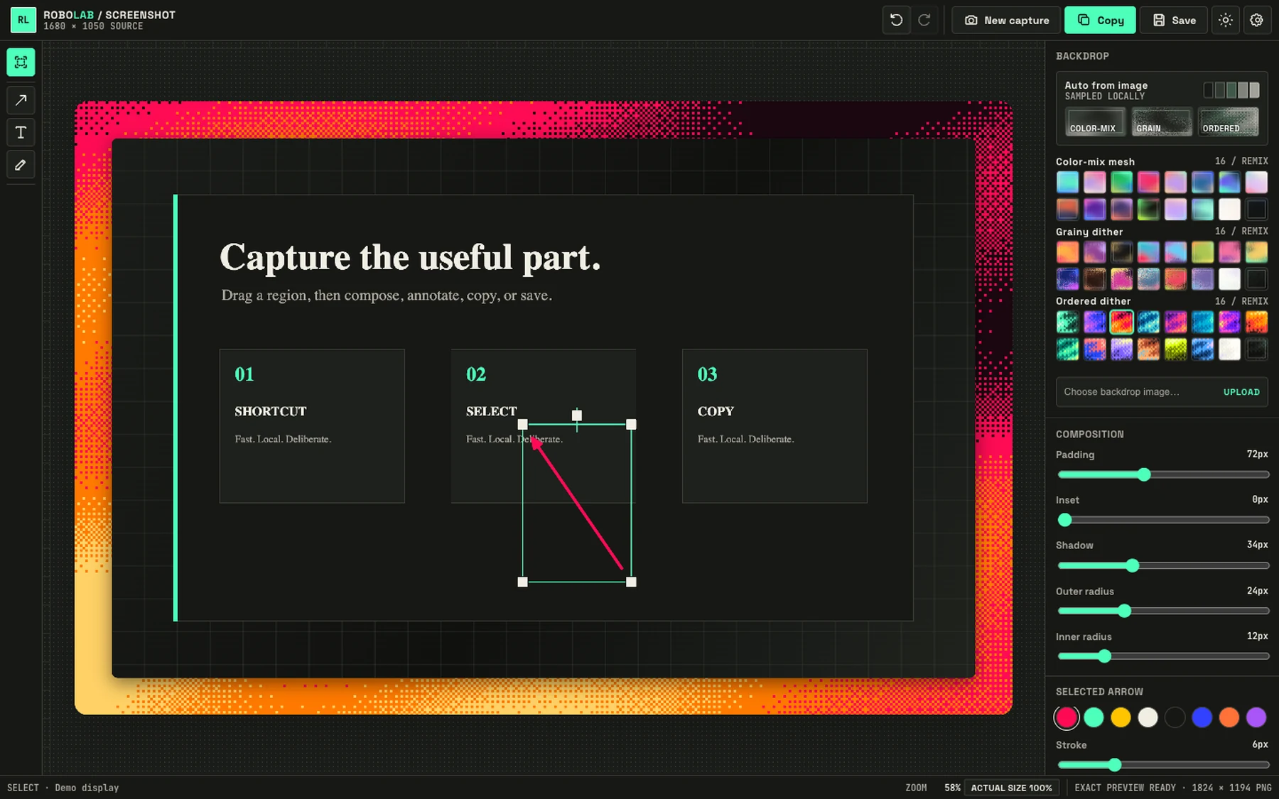 Annotating a capture with an arrow over a hot-metal dithered backdrop