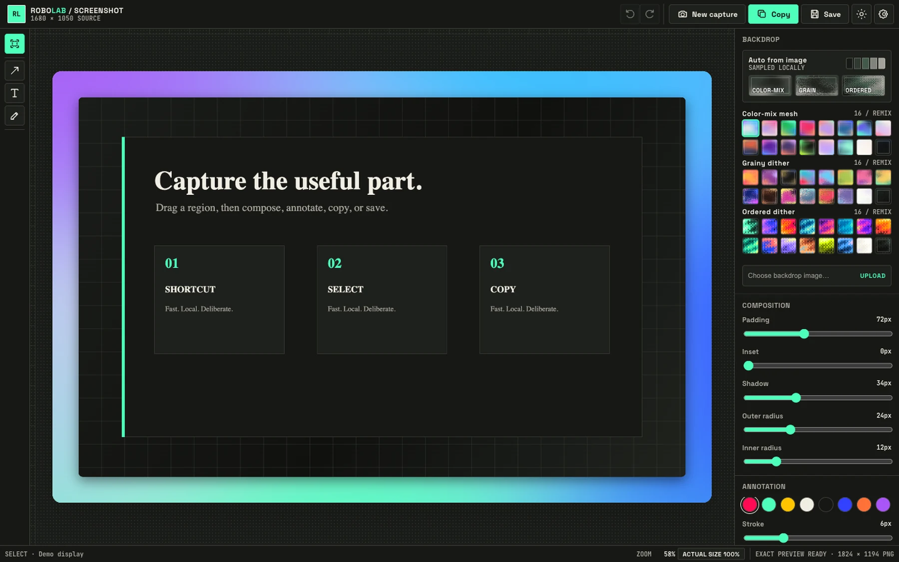 The editor: a capture composed on a generated gradient backdrop
